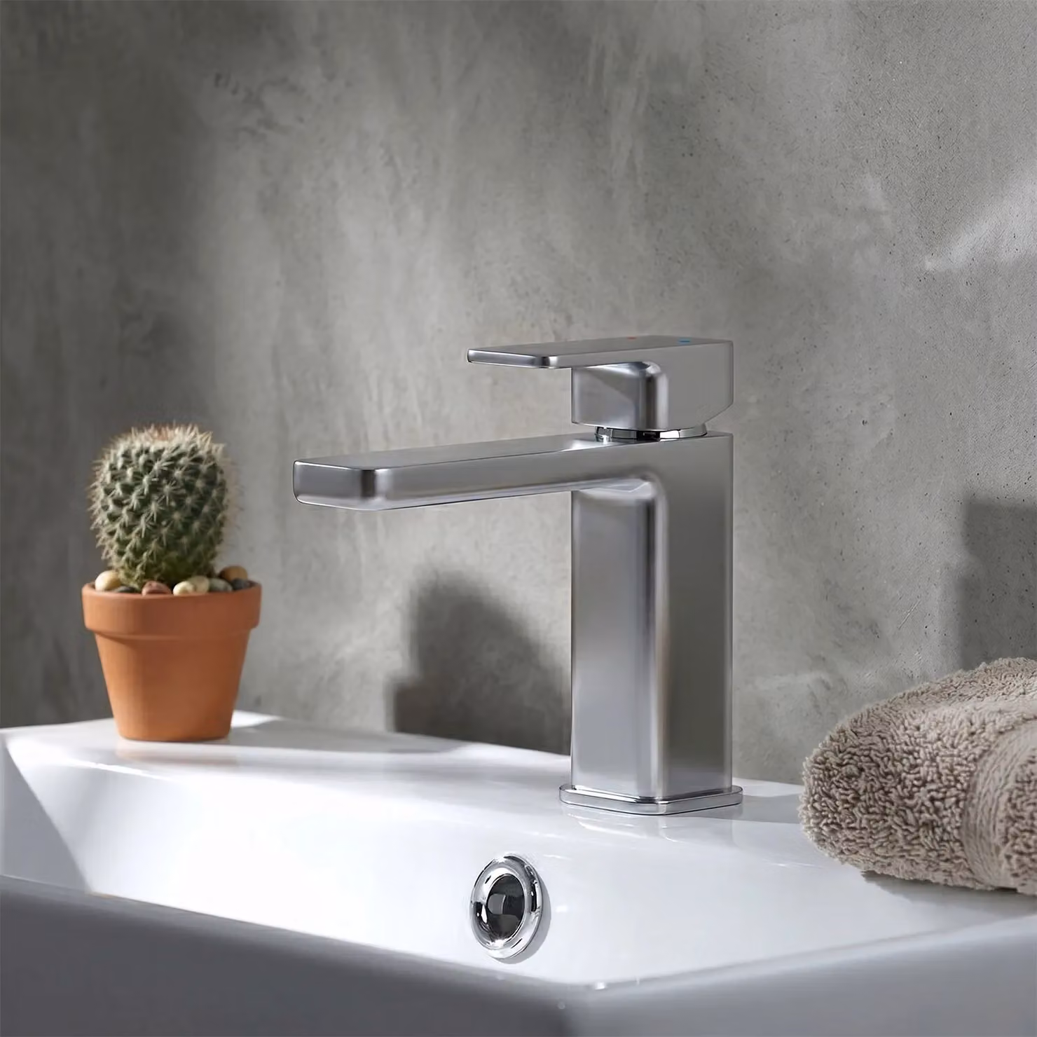 Balterley Square Mini Mono Basin Mixer Tap with Push Button Waste in Chrome Silver – 2