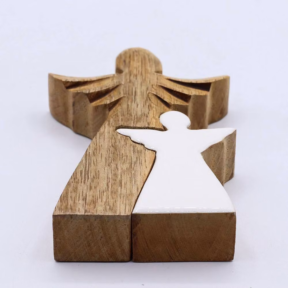 Serenityy White Enamel Mango Wood Double-Angel Tabletop Ornament, W/D/H: 9 x 2 x 15 cm – 3