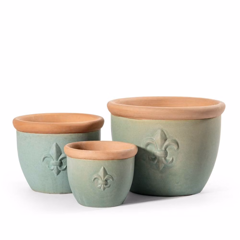 Primrose Fiore Fleur De Lys Patterned Ceramic Planter Tub in Green – 2