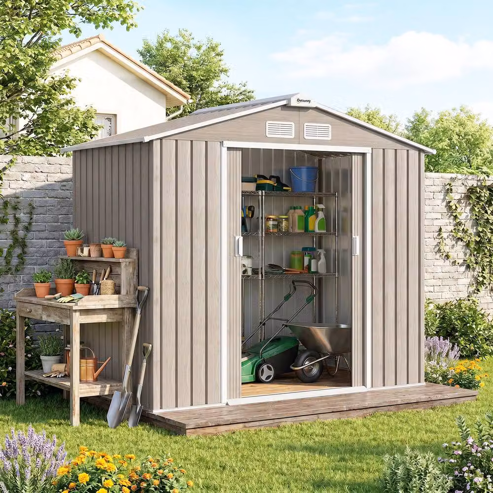 Rolipo Metal Garden Shed with Foundation Kit and Double Doors, Light Brown, W/D/H: 213.38 x 121.92 x 185 cm – 3