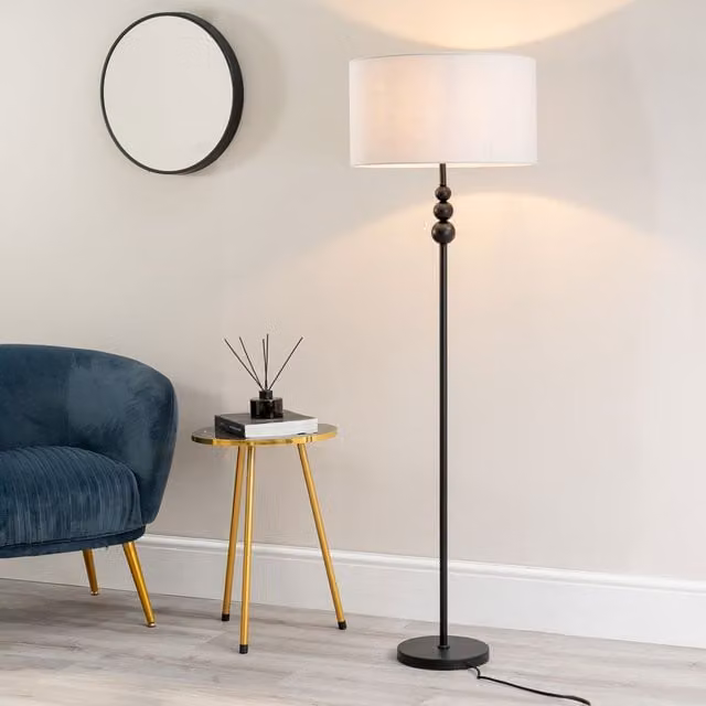 ValueLights Marissa Modern Stacked Ball Floor Lamp with Fabric Drum Shade and Bulb in Grey