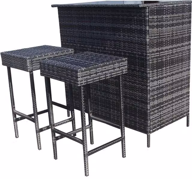 Furniture One Grey Rattan Bar Set with 2 Stools and Glass Top