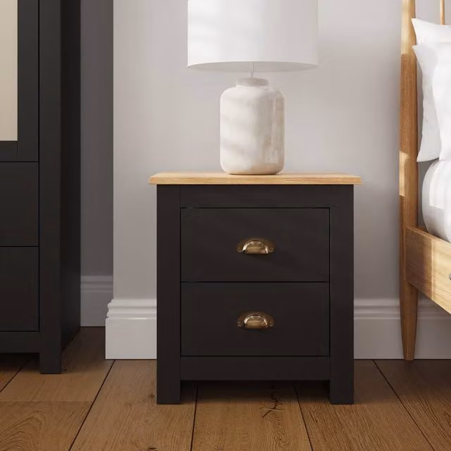 GFW Lancaster 2 Drawer Bedside Table in Black Oak Matt Finish – 1