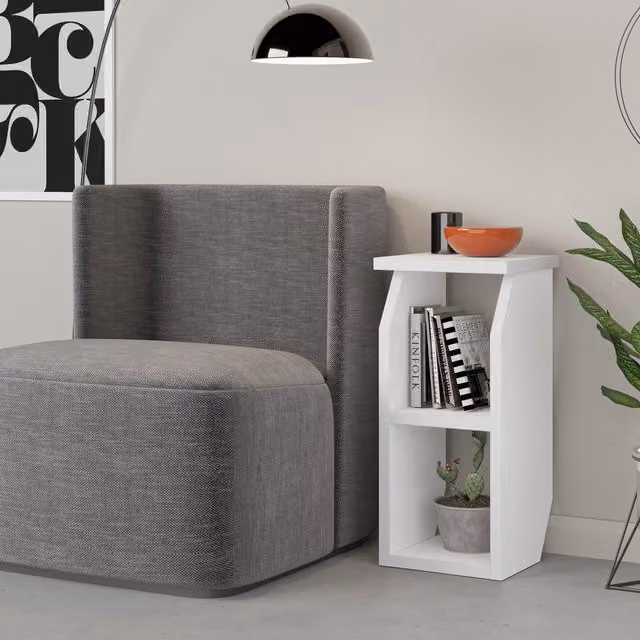Tena Modern Side Table with Shelf in White