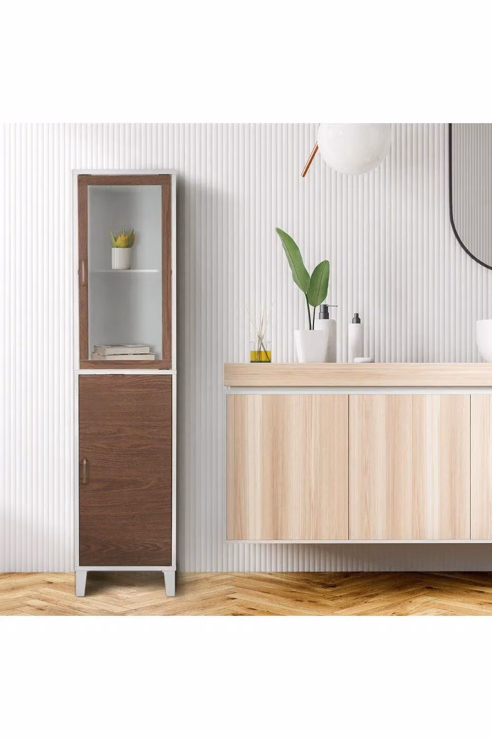 Teamson Home Tyler Wooden Bathroom Linen Tower Floor Tall Cabinet with Glass Doors, White and Brown, W: 33 cm, D: 24.5 cm, H: 160 cm – 2