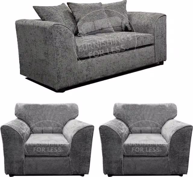 Furnishings For Less UK Monaco Chenille Fabric 3 Piece Sofa Suite in Light Grey, including 2 Seater Sofa and 2 Armchairs