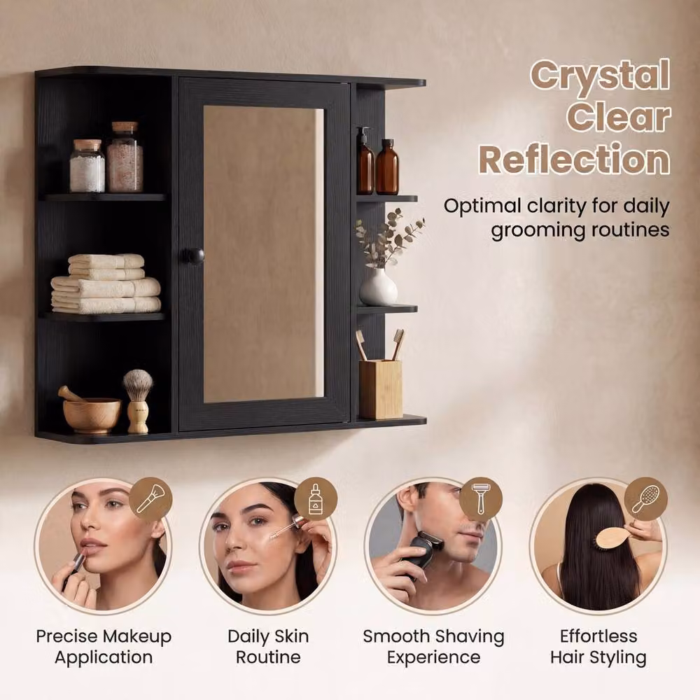 Gymax Wall Mounted Black Matt Bathroom Medicine Cabinet with Mirror and Internal Shelves – 5