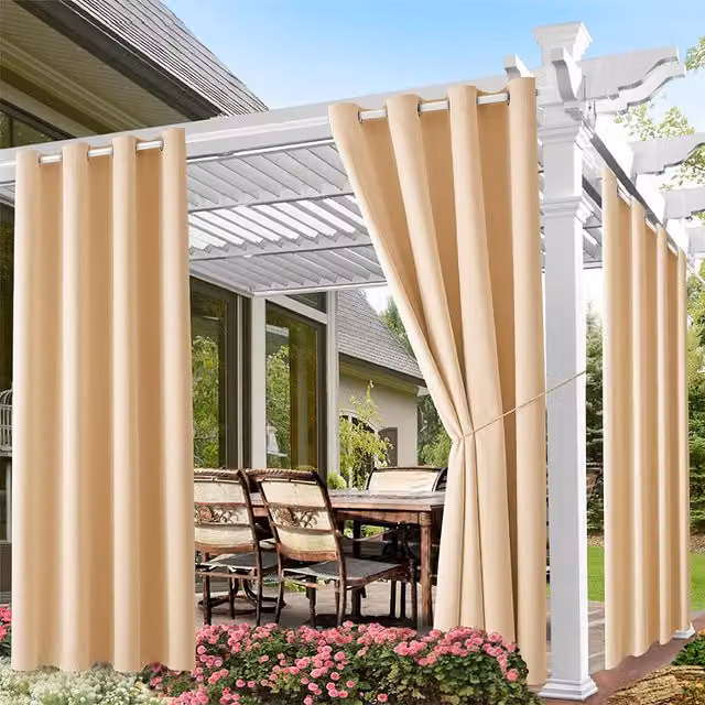 Garden Sanctuary Waterproof Outdoor Patio Curtain in Beige and Yellow, Height: 274 cm