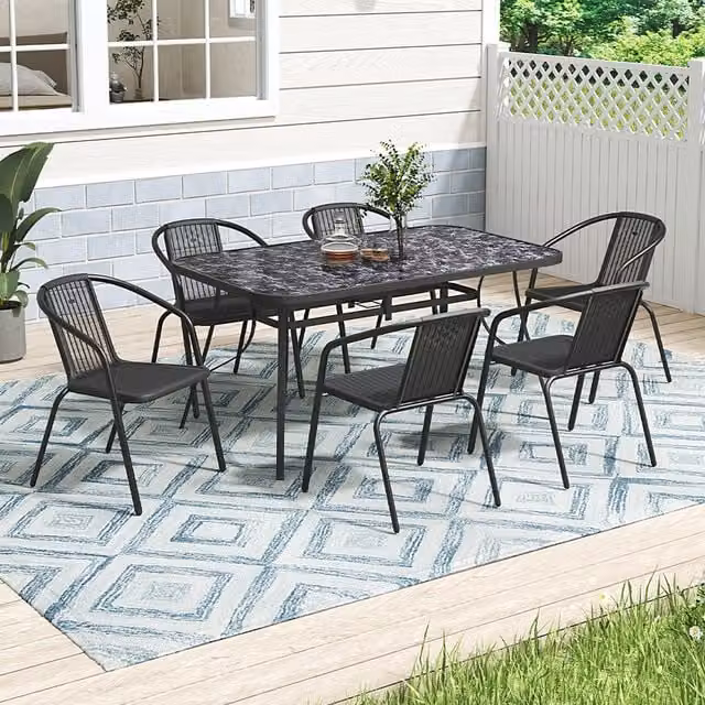 Lifeideas Black Glossy Rectangular Glass and Metal Garden Table and 7 Chairs Set