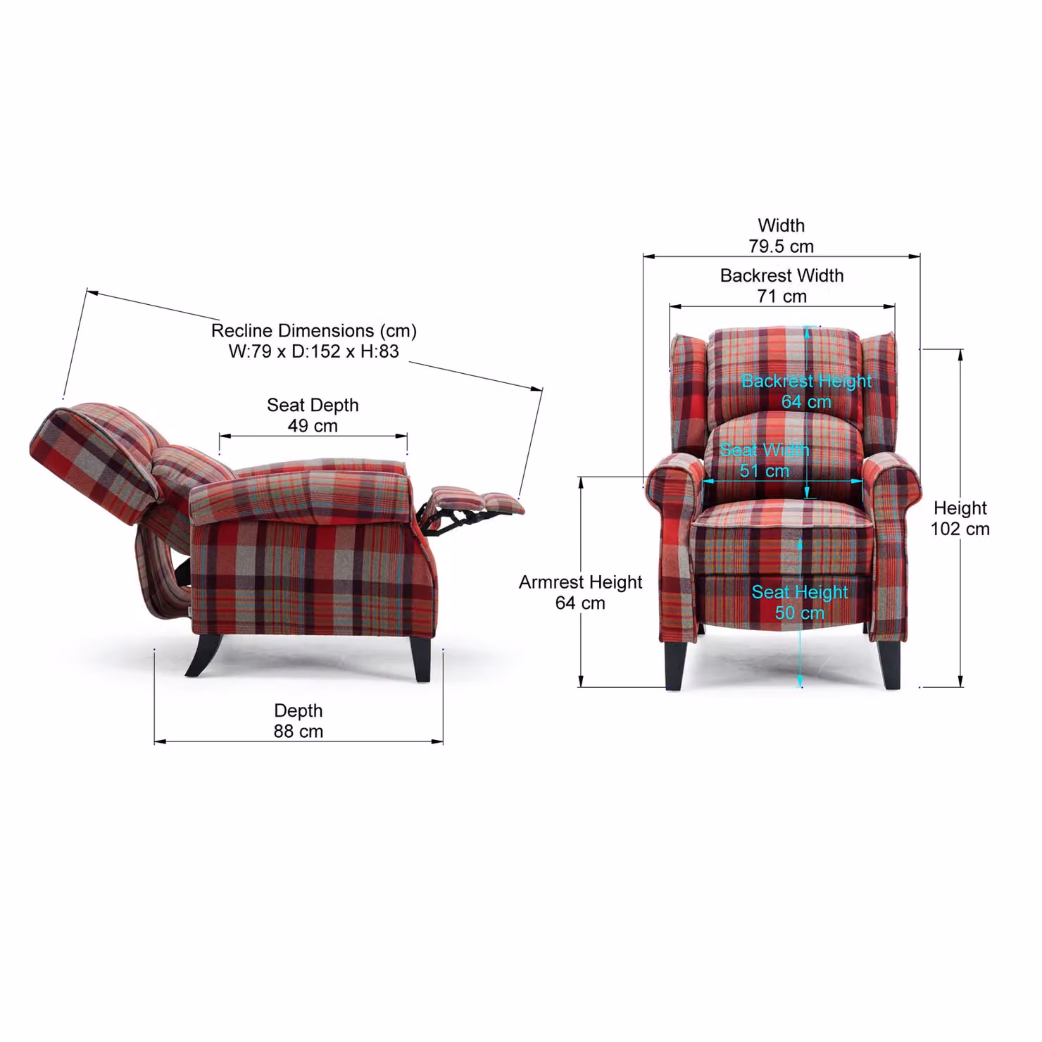 More4Homes Eaton Wing Back Checked Fabric Pushback Recliner Armchair in Red – 5