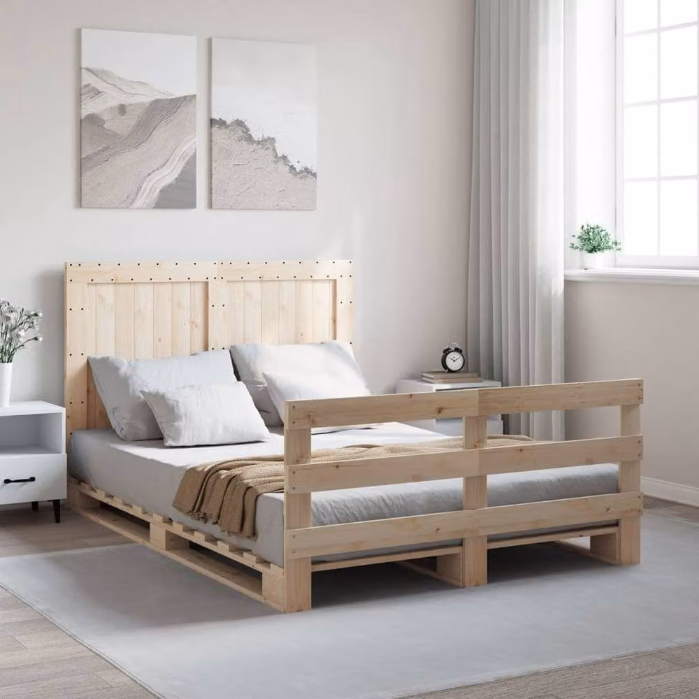 Berkfield Home Beautiful Bed Frame with Headboard in Beige, Solid Pine Wood, W/D/H: 140 x 200 x 104 cm – 2