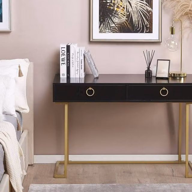 Wyld and Coco Glam Console Table with 2 Drawers, Black Matte Top and Gold Base, W: 115 cm, D: 50 cm, H: 77 cm – 1
