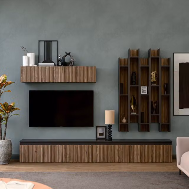 Decorotika Annecy Wall Mounted Entertainment Center in Black with Geometric Alina Pattern