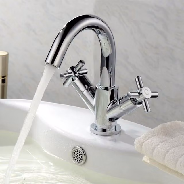 Nes Home Indigo Mixer Basin Mono Tap with Cross Head and Sprung Clicker Waste in Silver – 1