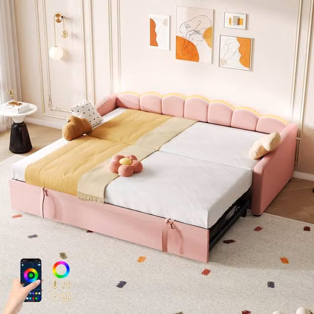 Matteo Pink Velvet Petal Upholstered Daybed with RGB LED Under-Bed Lighting and Trundle
