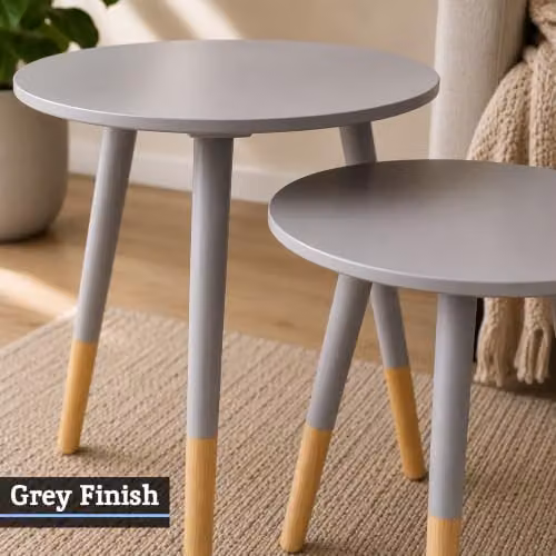 Premier Housewares Set of 2 Grey Round Nested Side Tables with Pine Wood Legs – 3