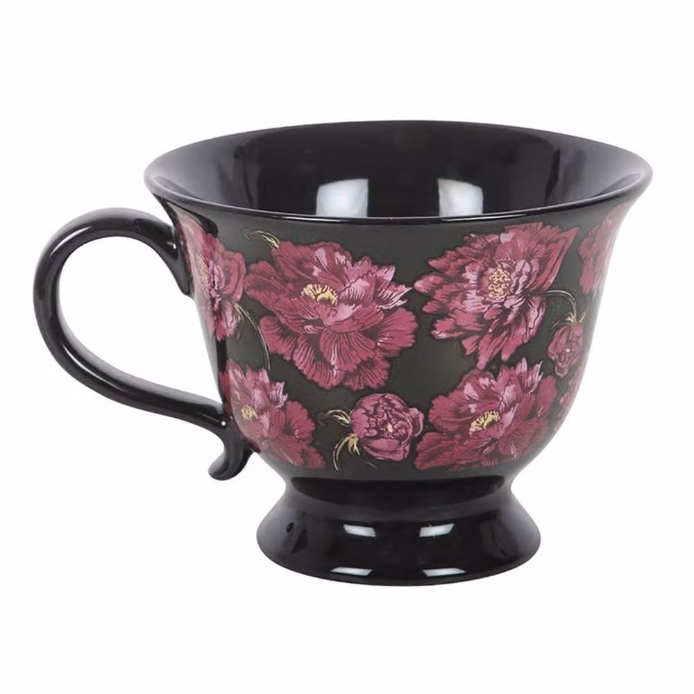 Uniqueful Dark Romance Floral Print Ceramic Teacup in Black and Purple, 320 ml – 3