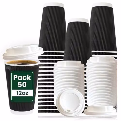 ECONX 50 x 12oz Black Ripple Triple Wall Disposable Paper Coffee Cups with White Sip Through Lids – 1