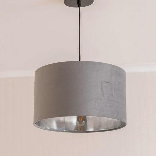 FORGEVIO Grey and Chrome Velvet Cylinder Lampshade Ceiling Light – 1