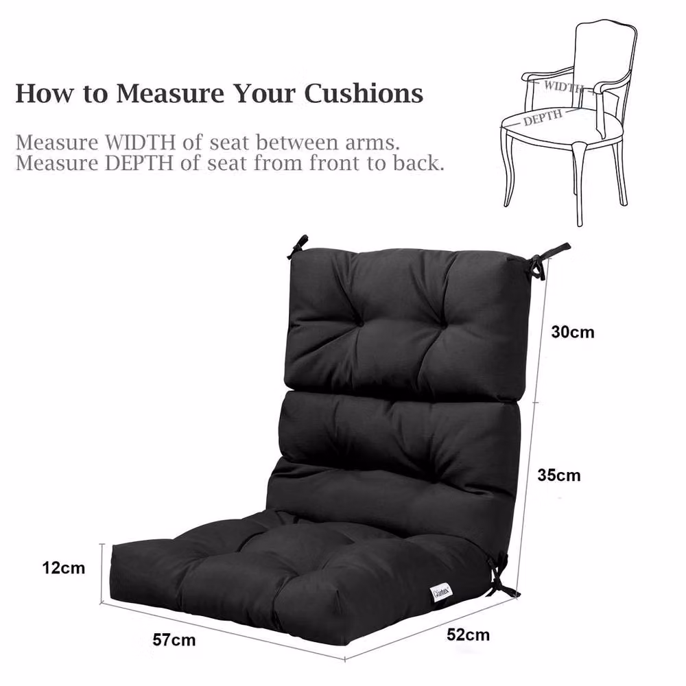 VOGREX Black Polyester High Back Chair Cushion with Foam Padding and Tie Cords – 3