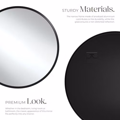 tectake Round Wall Mirror in Black with Minimalist Metal Frame, Diameter: 50 cm – 3