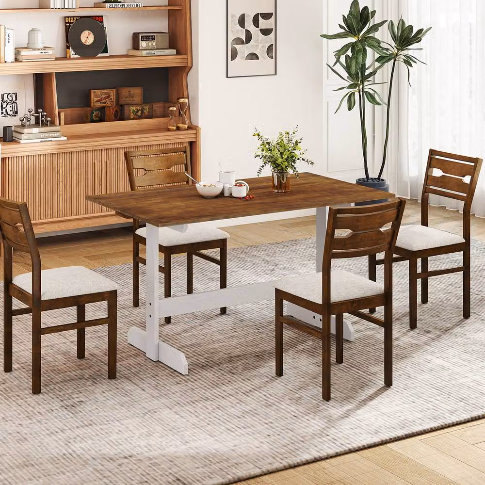 Gymax Brown Rubberwood Solid Wood Trestle Dining Table, 140 cm – 7