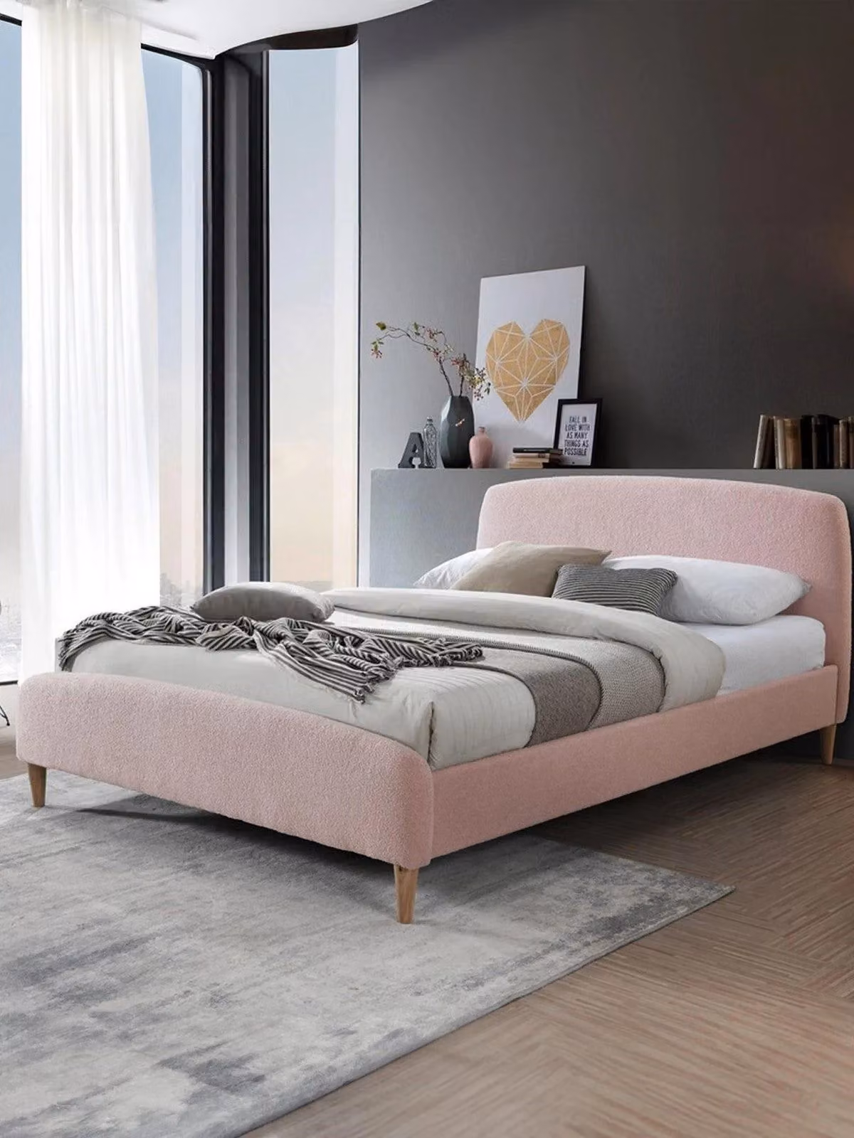 Birlea Otley Upholstered Double Bed in Pink Bouclé Fabric, W/D/H: 140 x 200 x 149 cm
