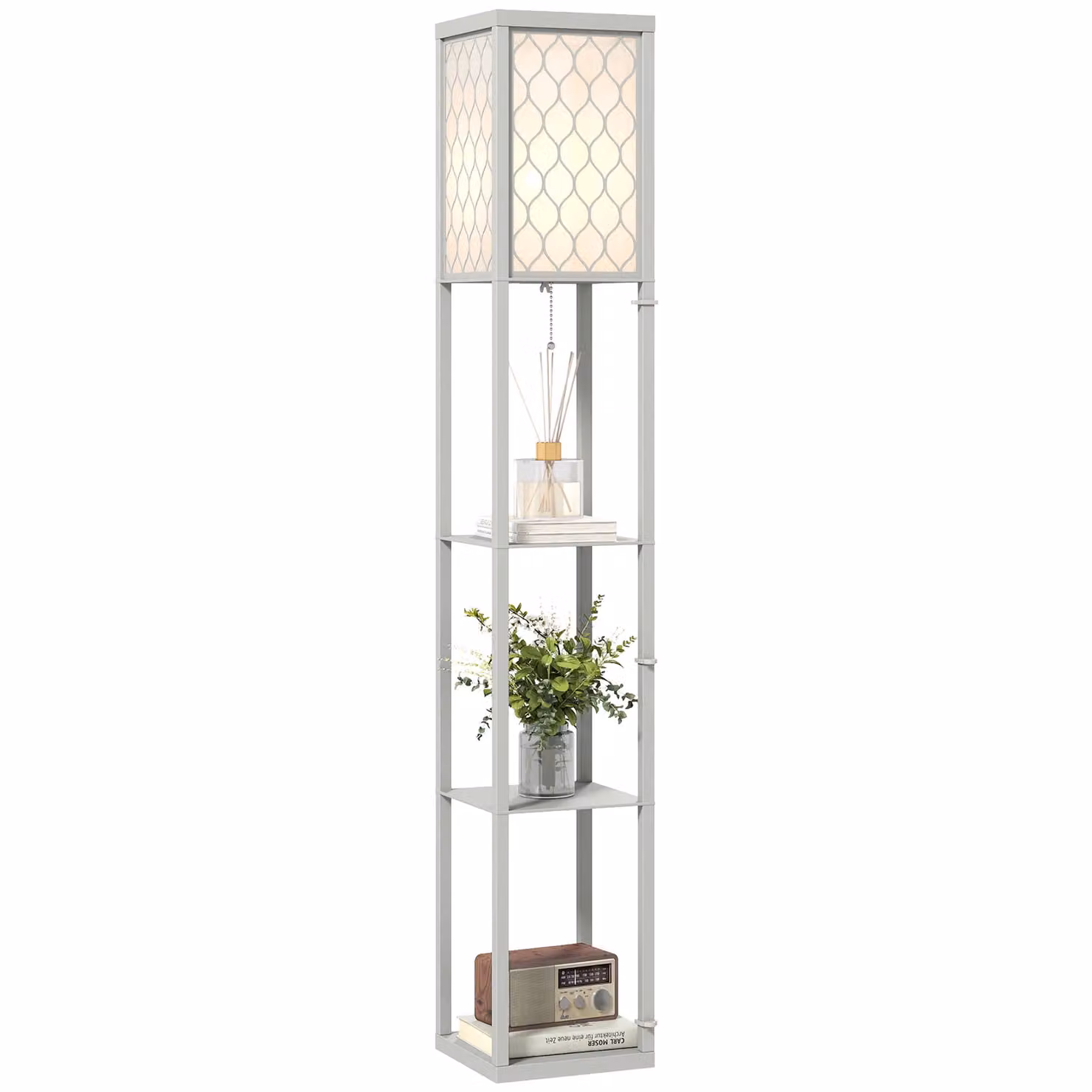 HOMCOM Modern Floor Lamp with 3 Shelves and Fabric Lampshade in Grey – 7