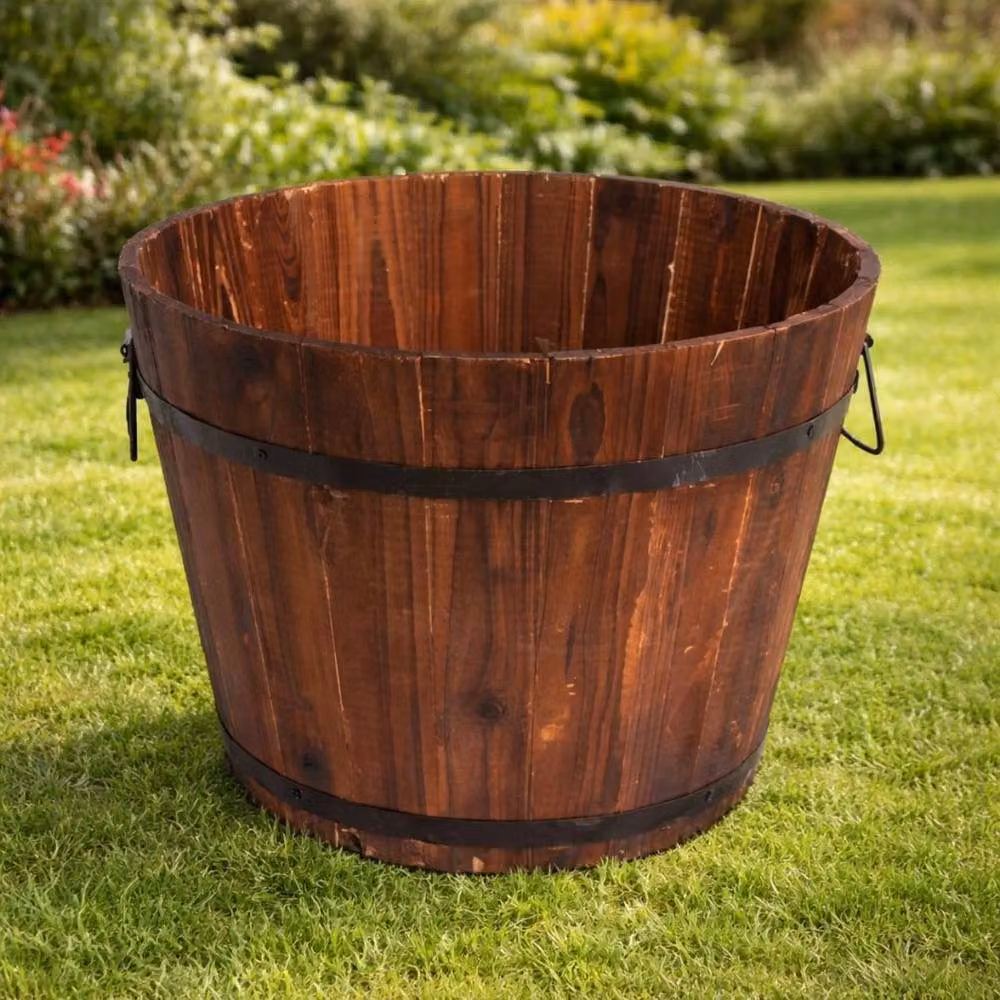 EONLION Large Brown Wooden and Metal Garden Planter Tub – 2
