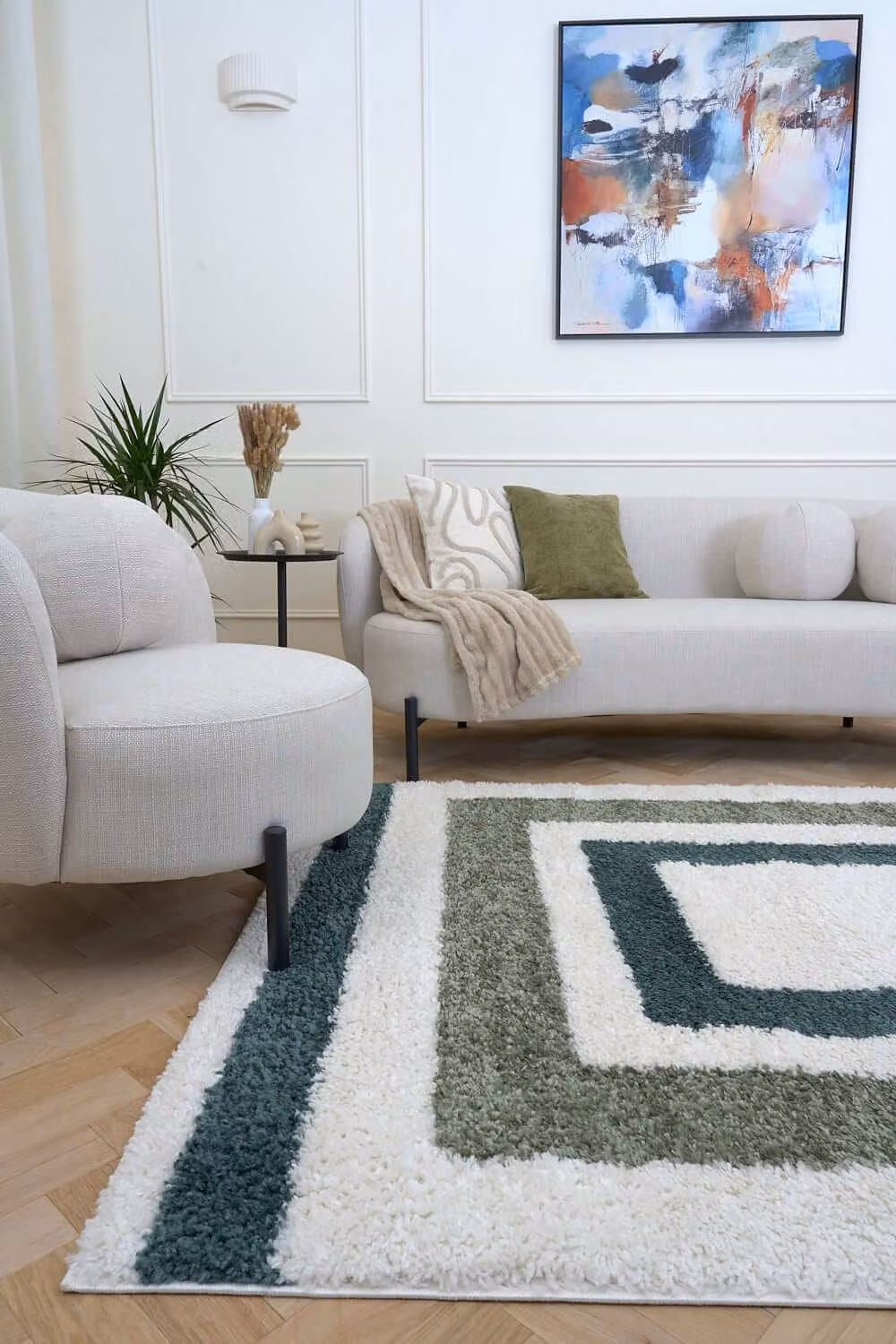 THE RUGS Moodi Border Design Shaggy Soft High Pile Living Room Rug in Green, W: 120 cm, L: 170 cm – 2