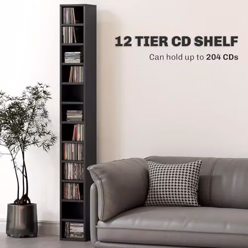 HOMCOM Black Corner CD Storage Unit with 12 Media Compartments, Height: 175 cm – 3