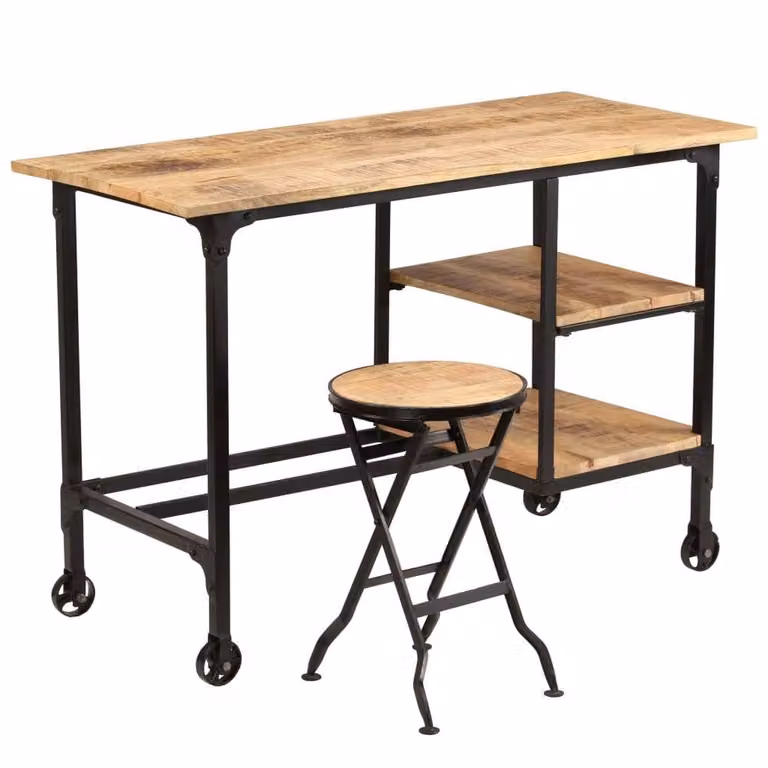 Berkfield Home Beautiful Writing Desk with Folding Stool in Brown Solid Mango Wood, W/D/H: 115 x 50 x 76 cm