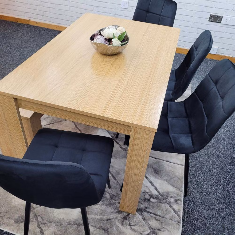 KOSY KOALA 6 Seater Modern Dining Table Set with 4 Black Velvet Chairs and Bench in Brown and Black – 4