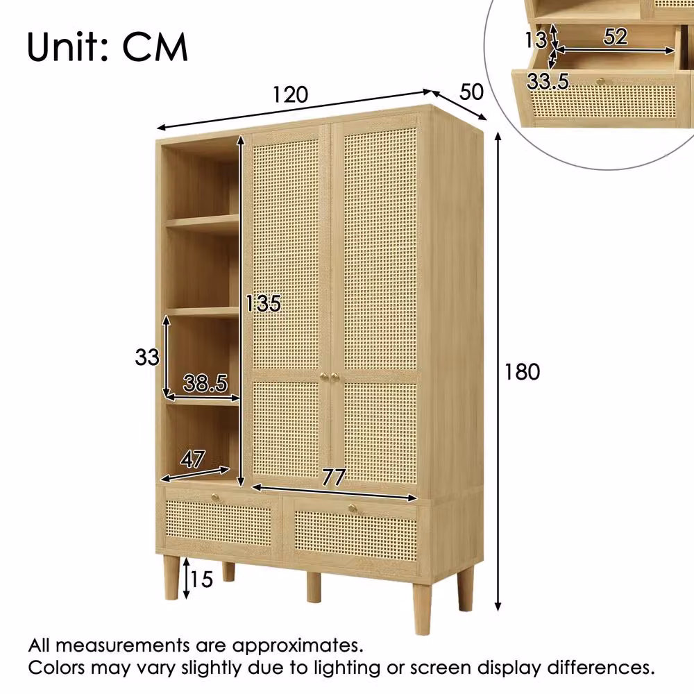 Merax Oak Rattan Effect Wardrobe with Soft-Close Hinged Doors, Open Shelves, Hanging Rail and Drawers in Natural Brown and Beige – 2