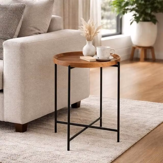 FORGEVIO Walnut Side Table with Removable Tray Top in Brown, W/D/H: 37.5 x 37.5 x 47.5 cm