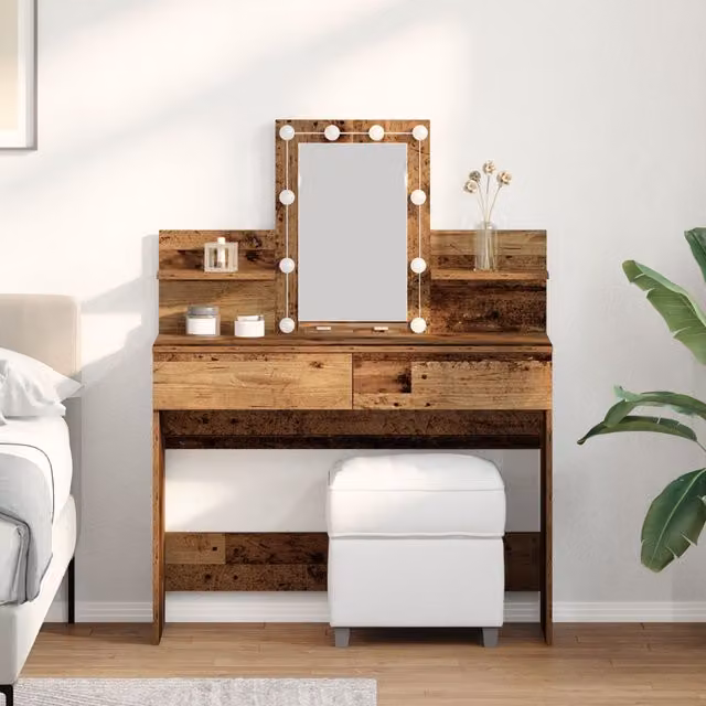 Berkfield Home Hollywood LED Dressing Table with Mirror in Brown Rustic Wood