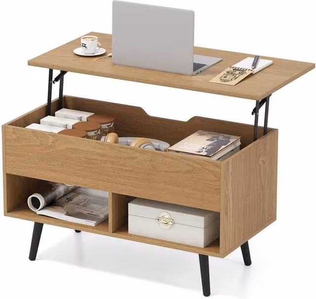 Gymax Mid-Century Rectangular Lift Top Coffee Table with Metal Legs and Shelves in Light Khaki – 1