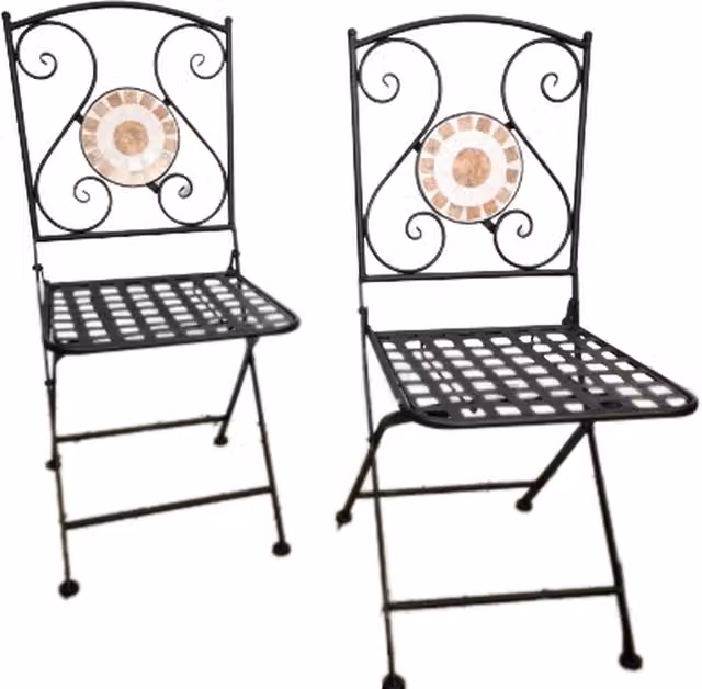 Samuel Alexander Set of 2 Black Metal Bistro Chairs with Geometric Mosaic Design and Matt Vintage Finish, H 90 cm x W 40 cm x D 40 cm