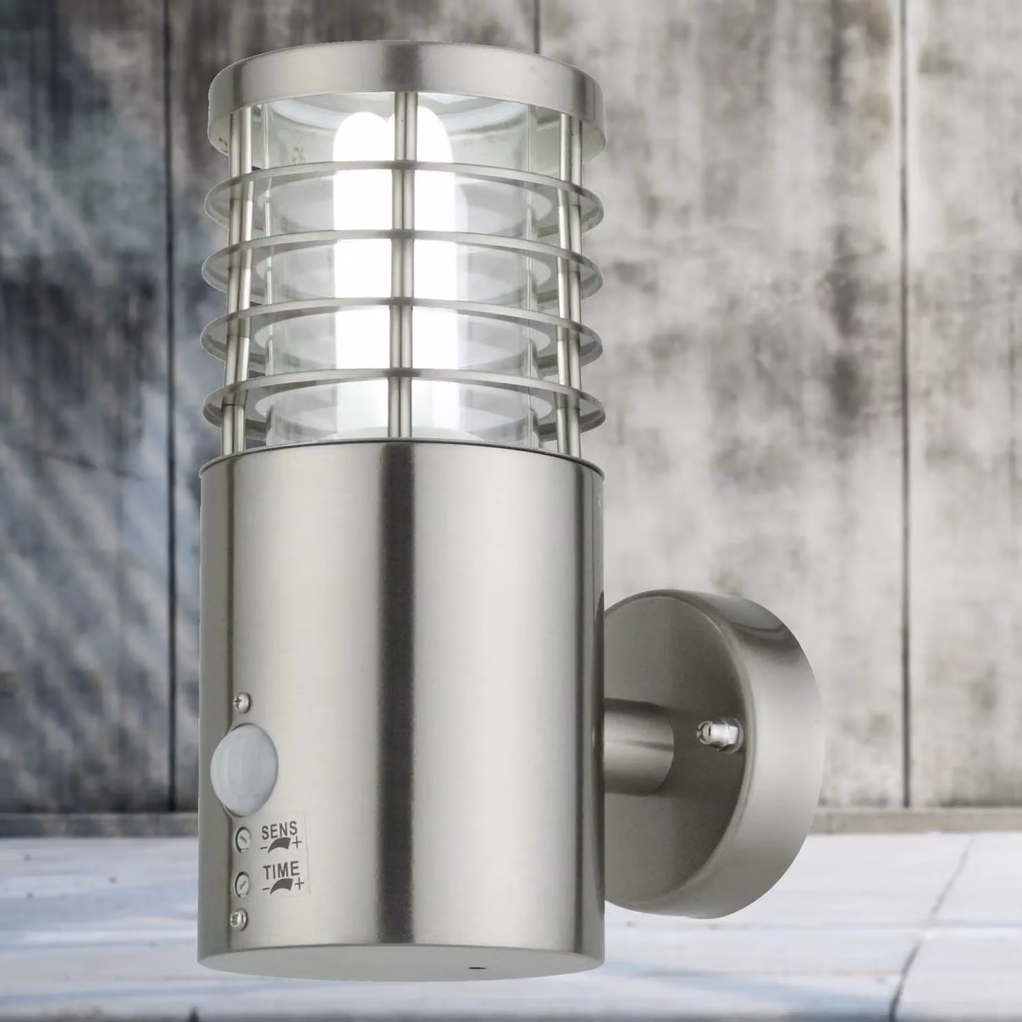 First Choice Lighting Bloom Silver Brushed Stainless Steel Outdoor LED Motion Sensor Wall Light – 5
