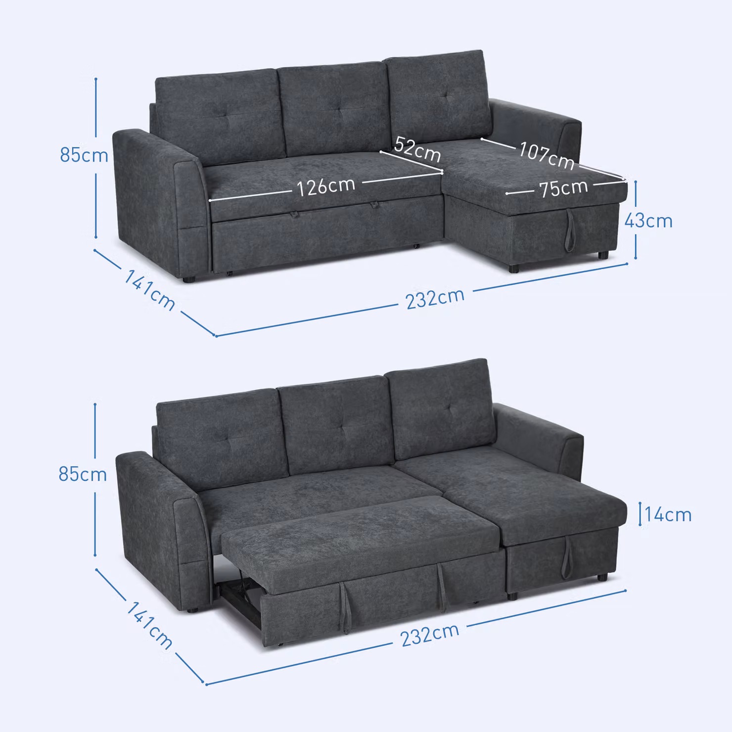 HOMCOM 3 Seater Corner Sofa Bed with Storage in Dark Grey – 3