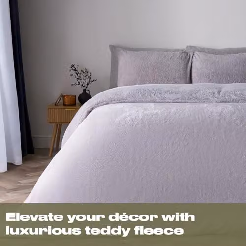 Brentfords Teddy Fleece Duvet Cover and Pillowcase Set, Silver Grey, Single, Duvet Cover: 135 x 200 cm, Pillowcase: 50 x 75 cm – 2