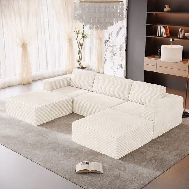 Dprodo Corduroy Modular U-Shape Sofa in Beige with Matching Ottoman and Removable Covers – 1