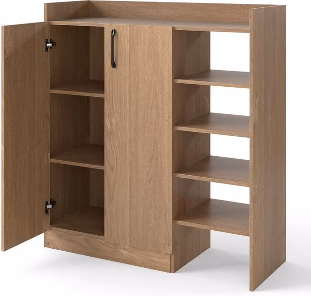 COSTWAY Modern Freestanding Shoe Storage Organizer with Hinged Doors and Internal Shelves in Brown and Beige