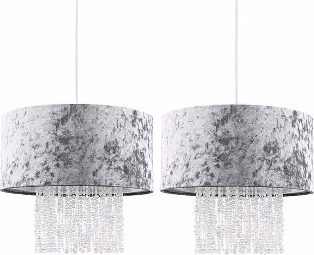 Boland Pair of Silver and Grey Modern Cylinder Ceiling Pendant Lights with Fabric and Plastic Shades