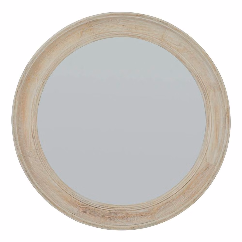 Wyld Haus Round Rustic Washed Wood Wall Mirror in Natural White, Diameter: 90 cm – 2