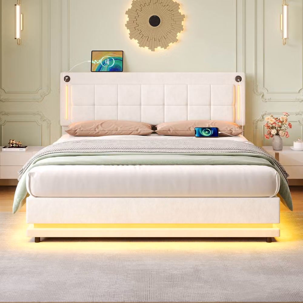 Rolipo King Size Velvet Hydraulic Storage Bed with LED Lighting and USB Ports in Beige, W/D/H: 180 x 200 cm – 3