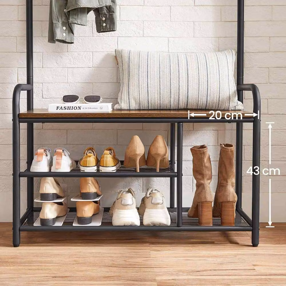 The Bazaarist Industrial Hall Tree with Bench and 9 Hooks, Brown and Black – 4