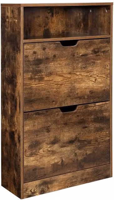 KORVIXA Rustic Brown Wood Shoe Cabinet with Tilting Compartments and Internal Shelves W/D/H: 100 x 100 x 100 cm