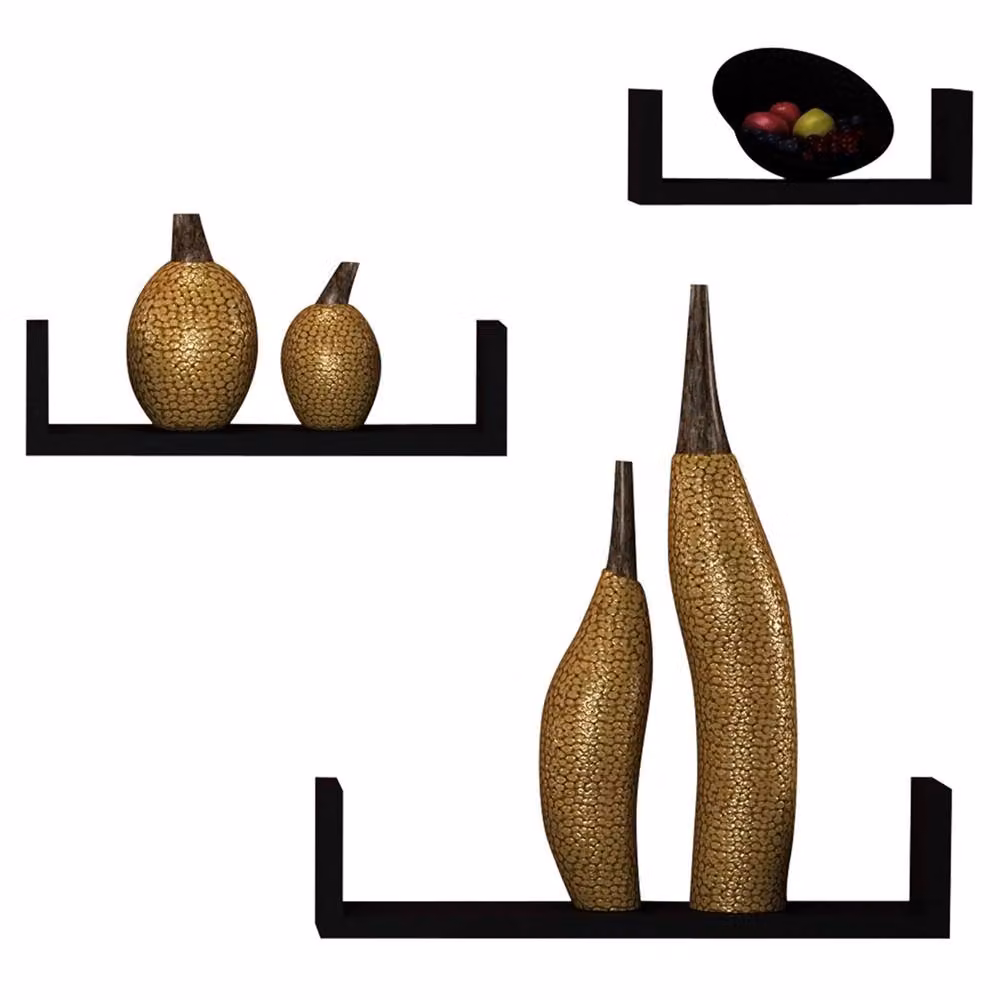 SPETLEK Set of 3 U-Shaped Floating Wooden Wall Shelves in Black – 3