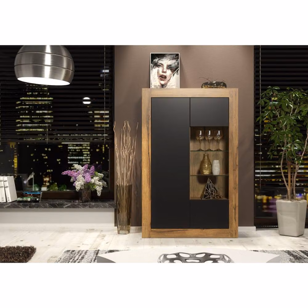 Creative Furniture Arcadia Modern Display Cabinet in Dark Oak and Black Matt with Glass Doors, W: 140 cm, H: 93 cm, D: 35 cm – 2